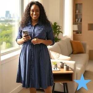 Torrid Women 1X 14/16 Navy White Stripe Fit N Flare Shirt Dress Roll Tab NEW NWT